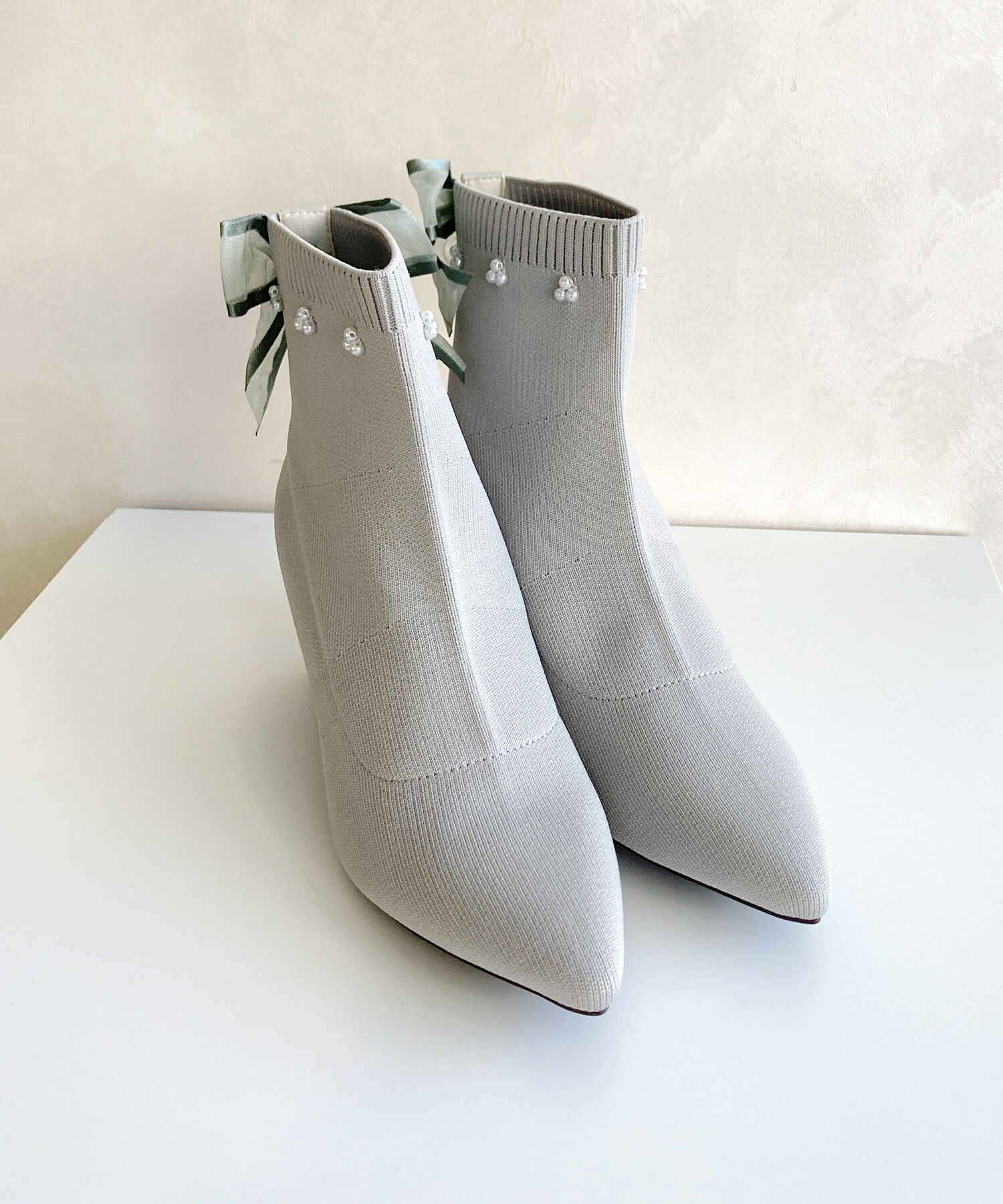 ORiental TRaffic「チュールリボン&times;パール ニットブーツ /41429」|ショートブーツ|