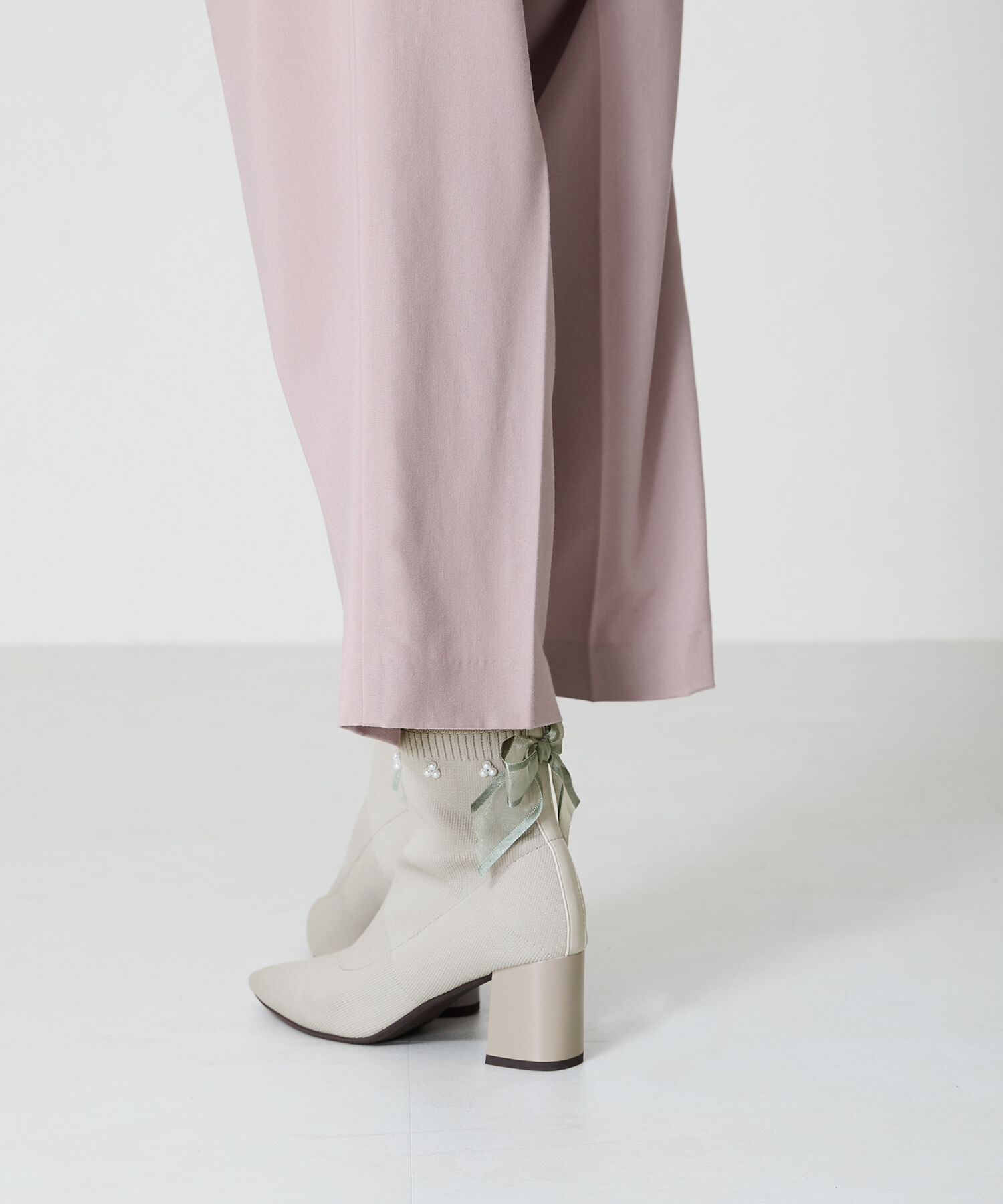 ORiental TRaffic「チュールリボン&times;パール ニットブーツ /41429」|ショートブーツ|