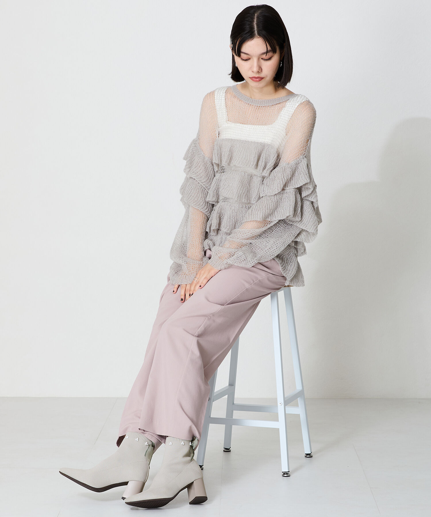 ORiental TRaffic「チュールリボン&times;パール ニットブーツ /41429」|ショートブーツ|