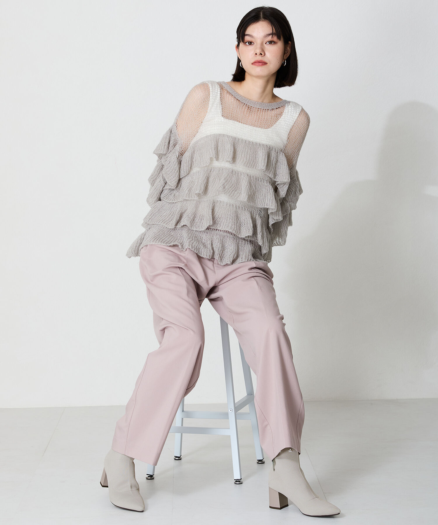 ORiental TRaffic「チュールリボン&times;パール ニットブーツ /41429」|ショートブーツ|