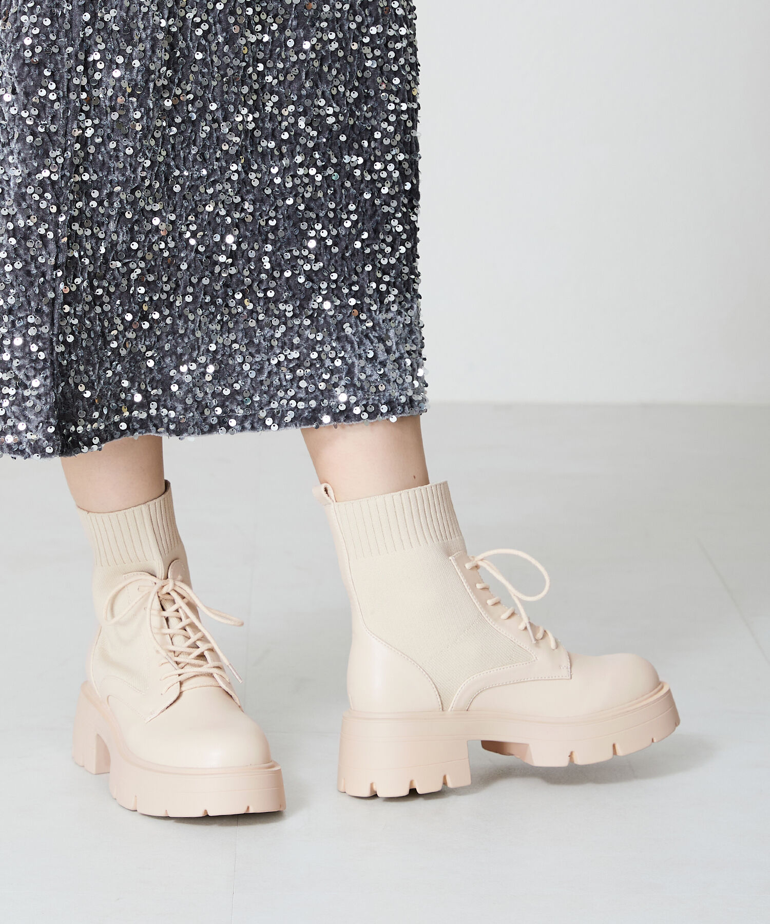 ORiental TRaffic「ニット ソックス レースアップブーツ/41431 厚底 柔らかい」|ショートブーツ|