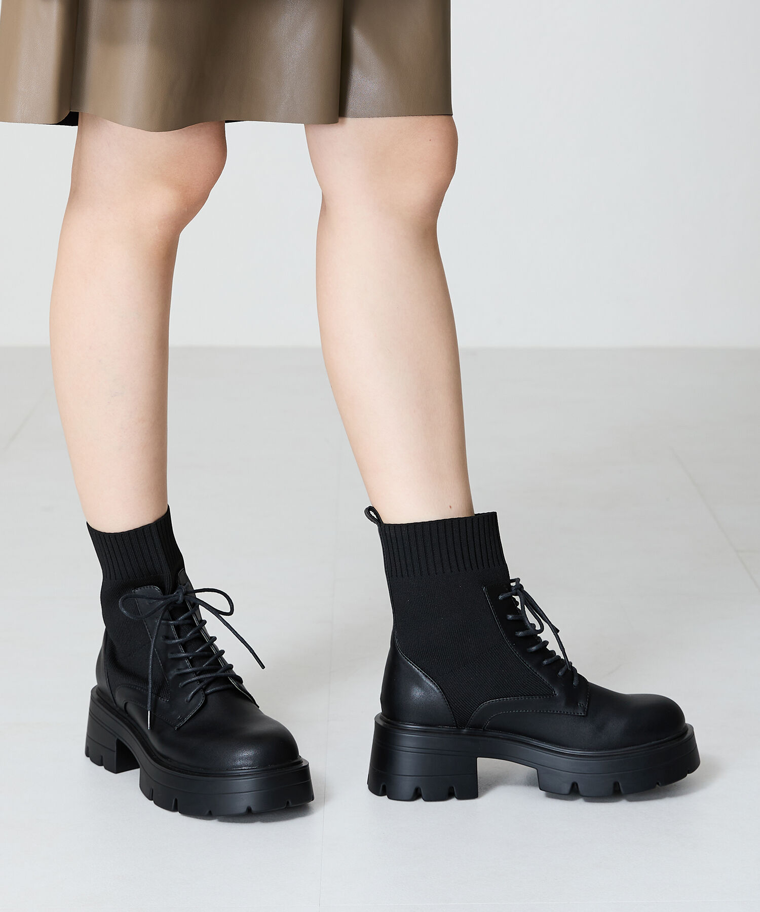 ORiental TRaffic「ニット ソックス レースアップブーツ/41431 厚底 柔らかい」|ショートブーツ|