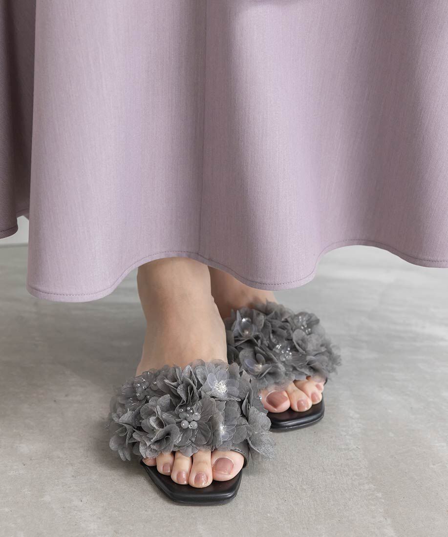  「シフォンフラワーミュールサンダル」|パンプス|