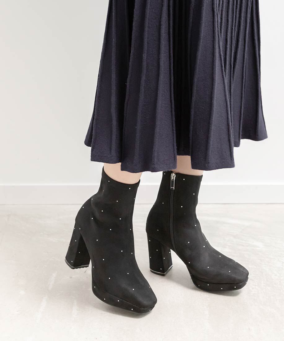  「ストーンデザインストレッチショートブーツ」|ショートブーツ|