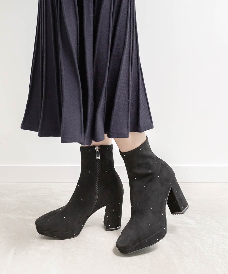  「ストーンデザインストレッチショートブーツ」|ショートブーツ|