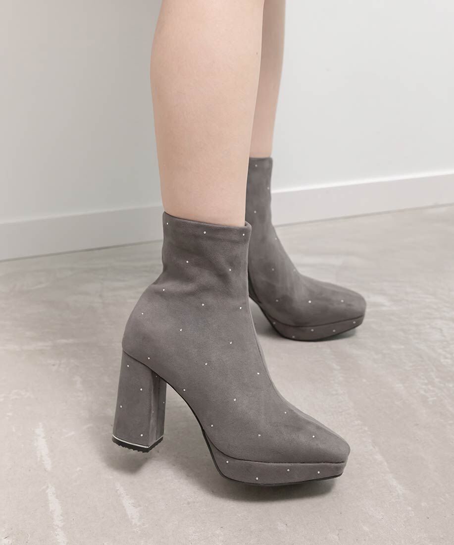  「ストーンデザインストレッチショートブーツ」|ショートブーツ|グレー
