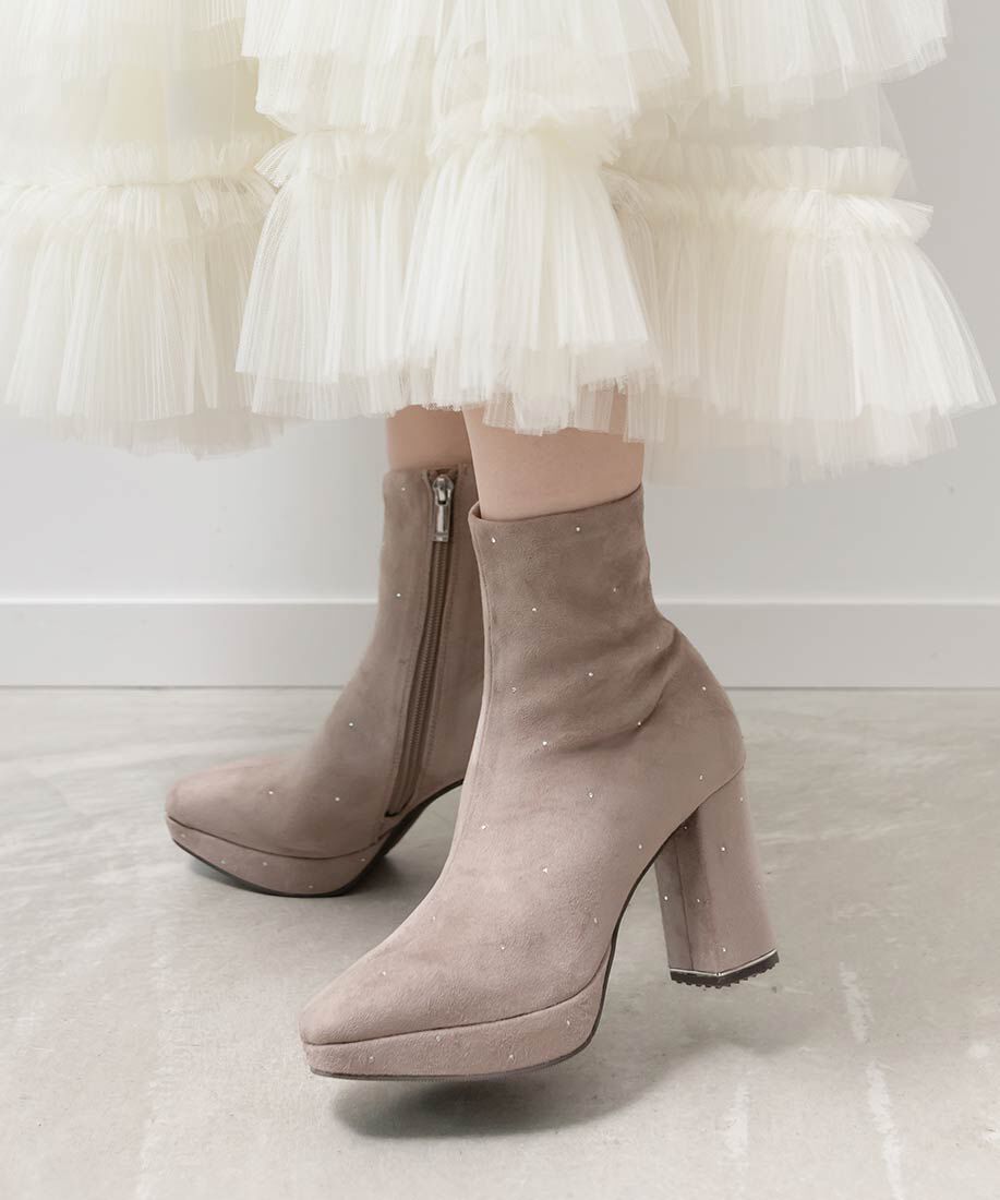  「ストーンデザインストレッチショートブーツ」|ショートブーツ|グレージュ