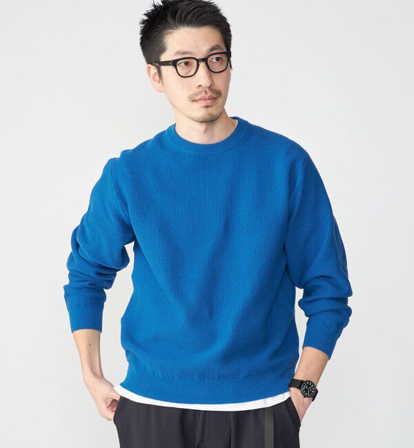 SHIPS「SHIPS: 〈洗濯機可能〉SOLOTEX(R) 7ゲージ コットン ピケ クルーネック ニット」|ニット・セーター|ブルー
