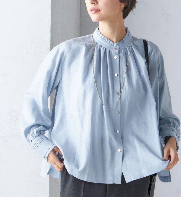 SHIPS for women「〈手洗い可能〉フリル ネック フロント ギャザー ブラウス」|シャツ・ブラウス|サックスブルー