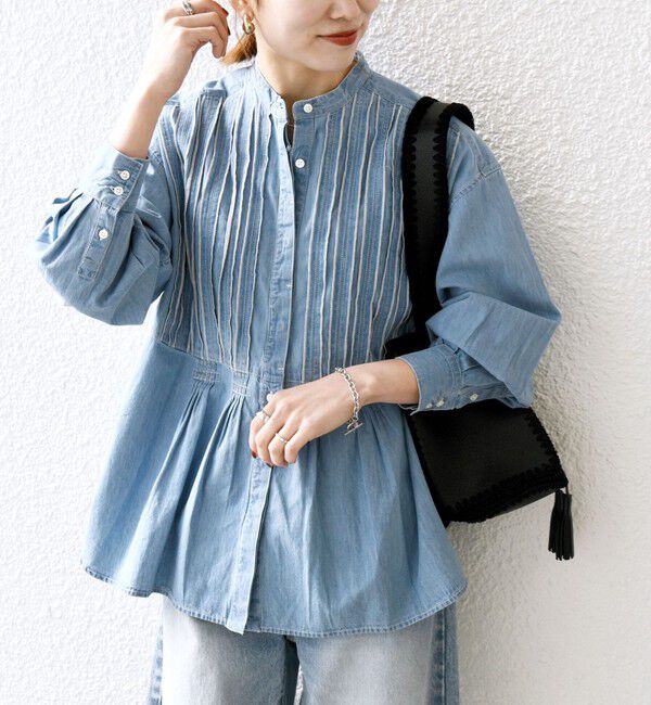 SHIPS any「SHIPS any:〈洗濯機可能〉デニム シーム バンドカラー シャツ ブラウス」|シャツ・ブラウス|ライトブルー