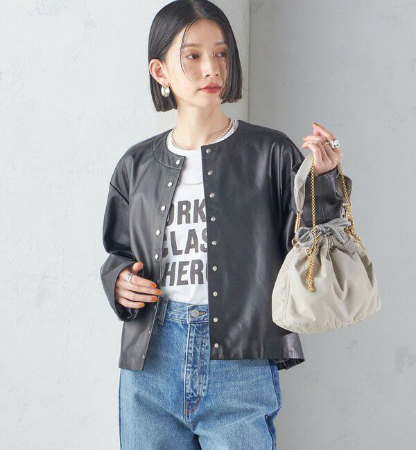 SHIPS for women「SHEEP レザー ノーカラー ブルゾン」|ノーカラージャケット|