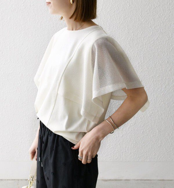 SHIPS any「SHIPS any:〈手洗い可能〉メッシュ シアー ハンカチ スリーブ ドッキング TEE」|Tシャツ・カットソー|