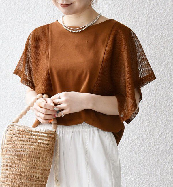 SHIPS any「SHIPS any:〈手洗い可能〉メッシュ シアー ハンカチ スリーブ ドッキング TEE」|Tシャツ・カットソー|