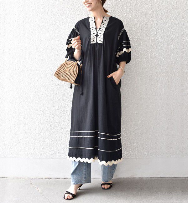 SHIPS any「bon_meur:〈洗濯機可能〉ジオメトリック エンブロイダリー パフ マキシ ワンピース」|ワンピース|ブラック