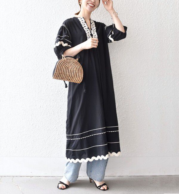 SHIPS any「bon_meur:〈洗濯機可能〉ジオメトリック エンブロイダリー パフ マキシ ワンピース」|ワンピース|