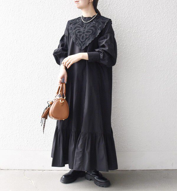 SHIPS any「bon_meur:〈洗濯機可能〉レース ビッグカラー ギャザー パフ シャツワンピース」|ワンピース|ブラック