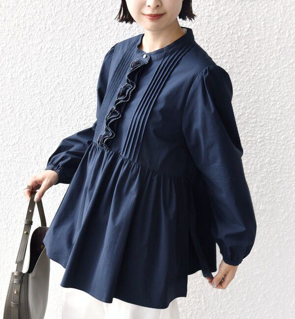 SHIPS for women「【WEB限定】〈手洗い可能〉フリル 刺繍 ペプラム ブラウス」|シャツ・ブラウス|ネイビー