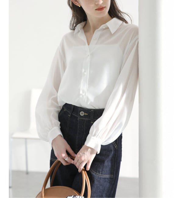  「《予約》【洗える】ストライプシアーギャザーシャツ」|シャツ・ブラウス|ホワイト