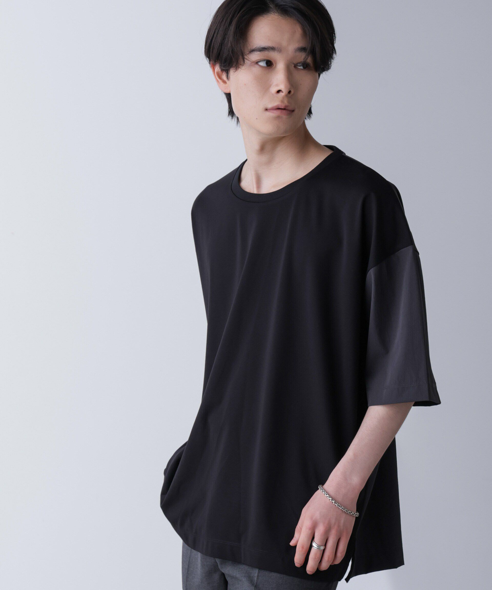 nano･universe「袖切り替えビッグＴシャツ 半袖」|Tシャツ・カットソー|ブラック