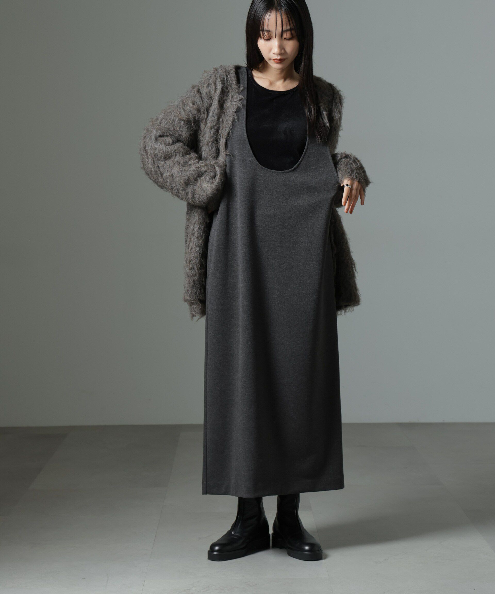 nano･universe「前後2wayクルーネックストレートラインジャンスカ」|ワンピース|チャコール3