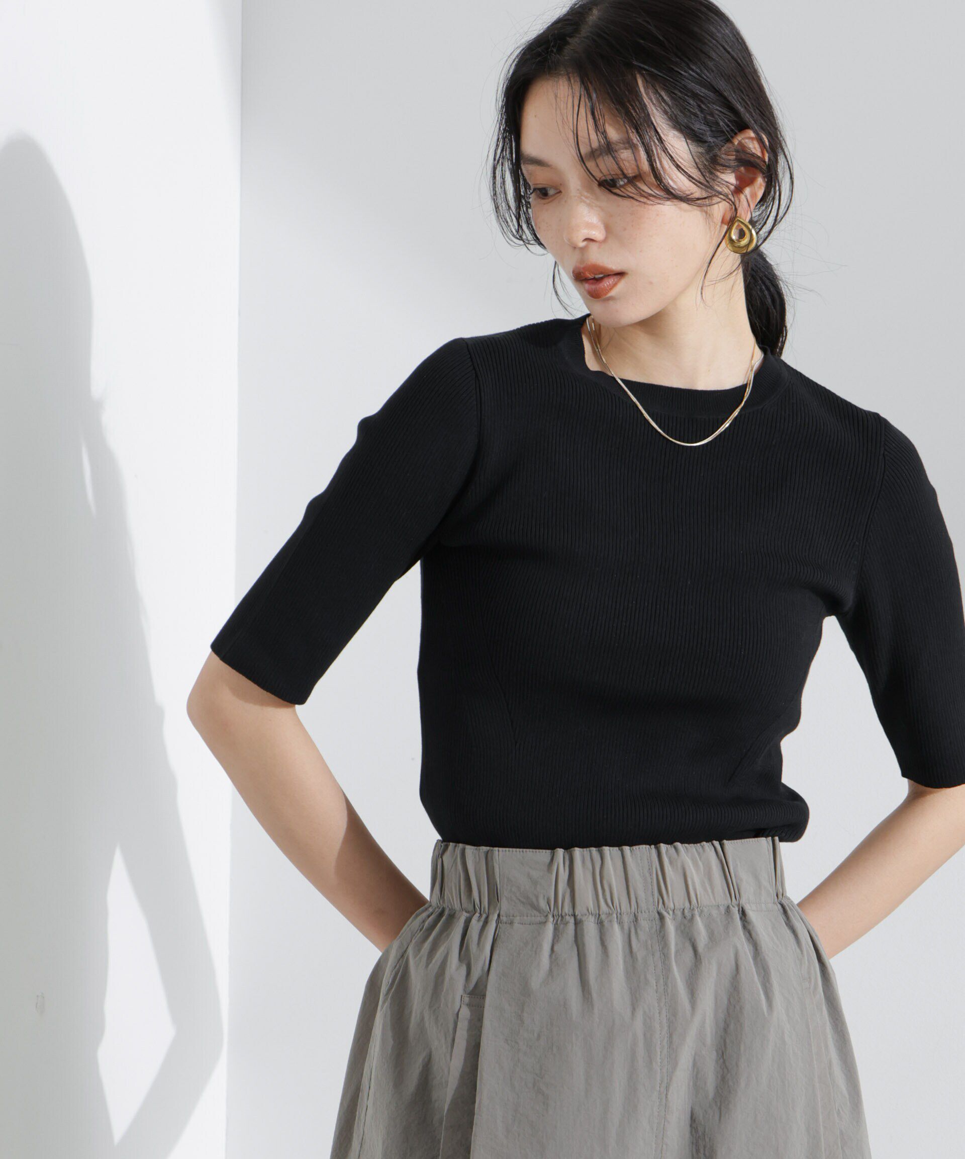 nano･universe「ウォッシャブルハイツイスト五分袖リブニット」|ニット・セーター|