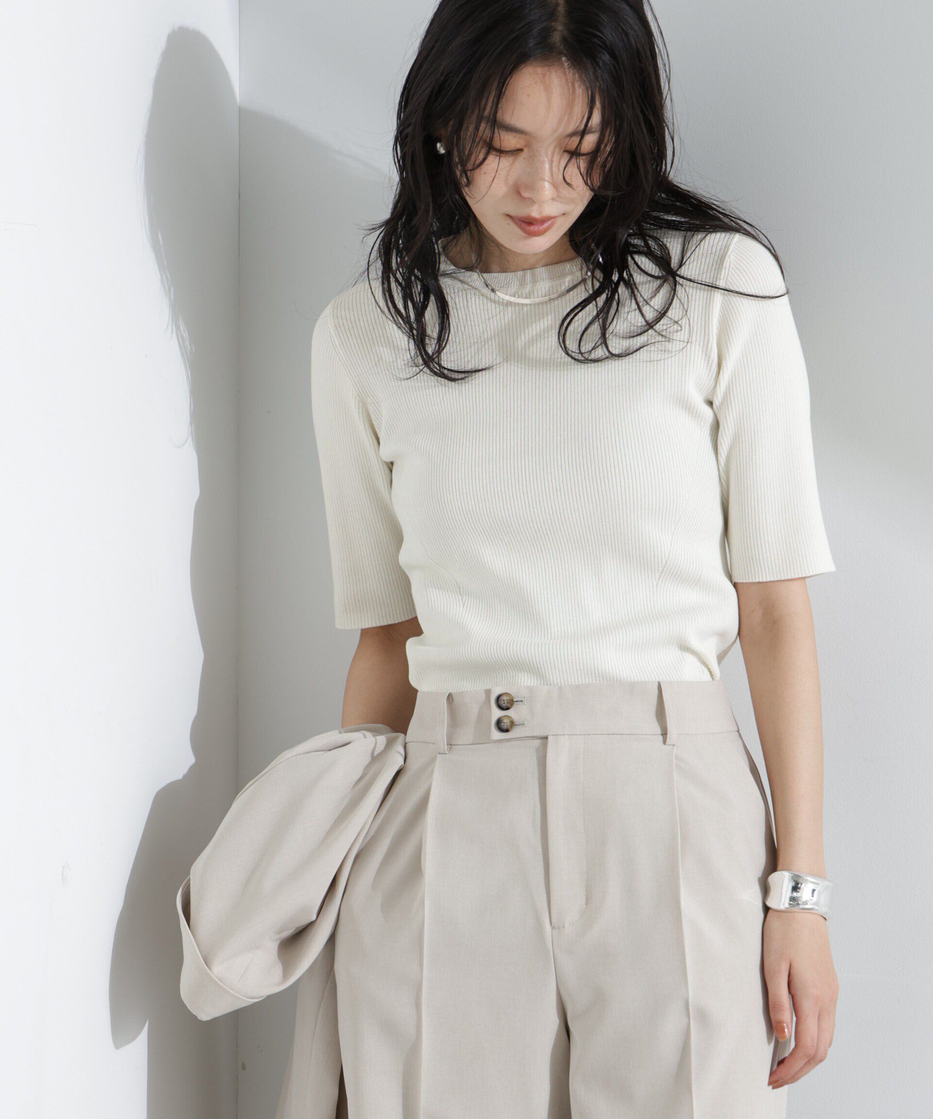 nano･universe「ウォッシャブルハイツイスト五分袖リブニット」|ニット・セーター|