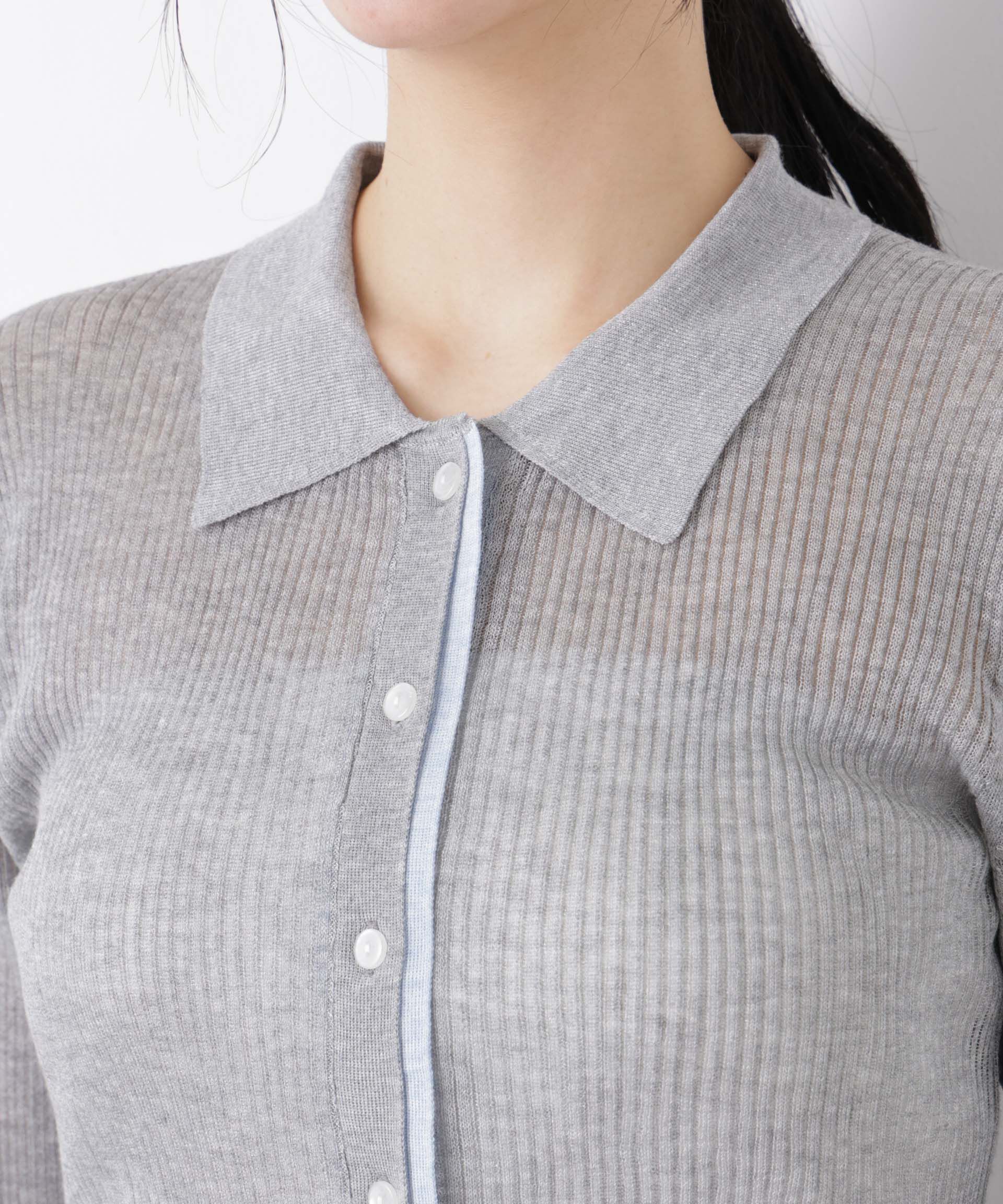 nano･universe「バイカラーシアーリブ衿付きカーディガン」|ニット・セーター|