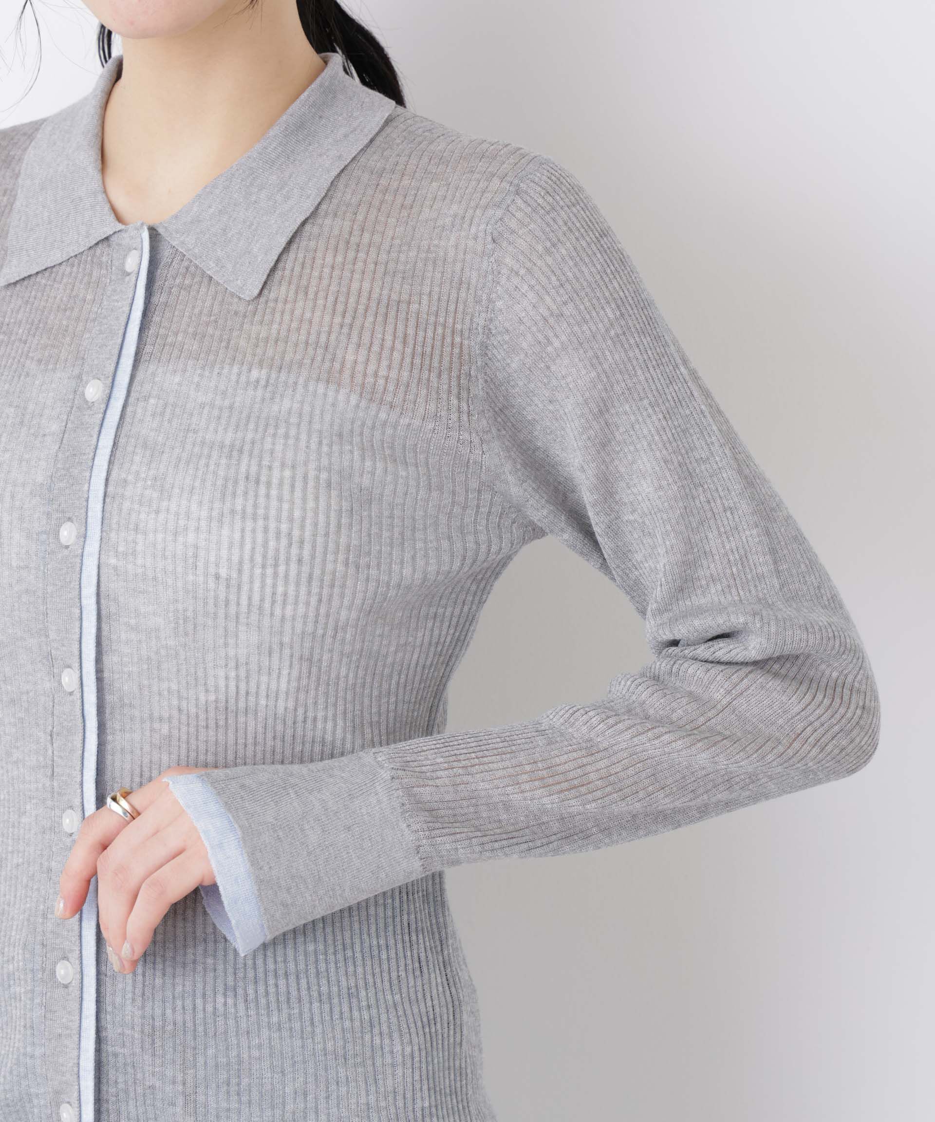 nano･universe「バイカラーシアーリブ衿付きカーディガン」|ニット・セーター|