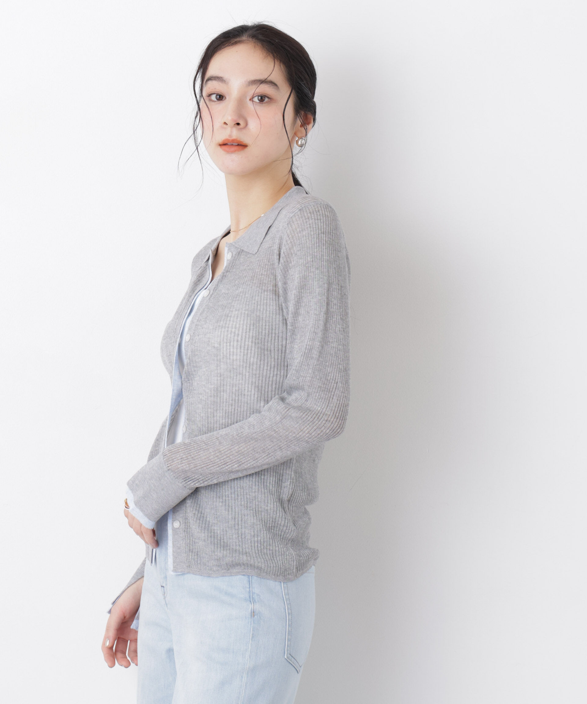 nano･universe「バイカラーシアーリブ衿付きカーディガン」|ニット・セーター|