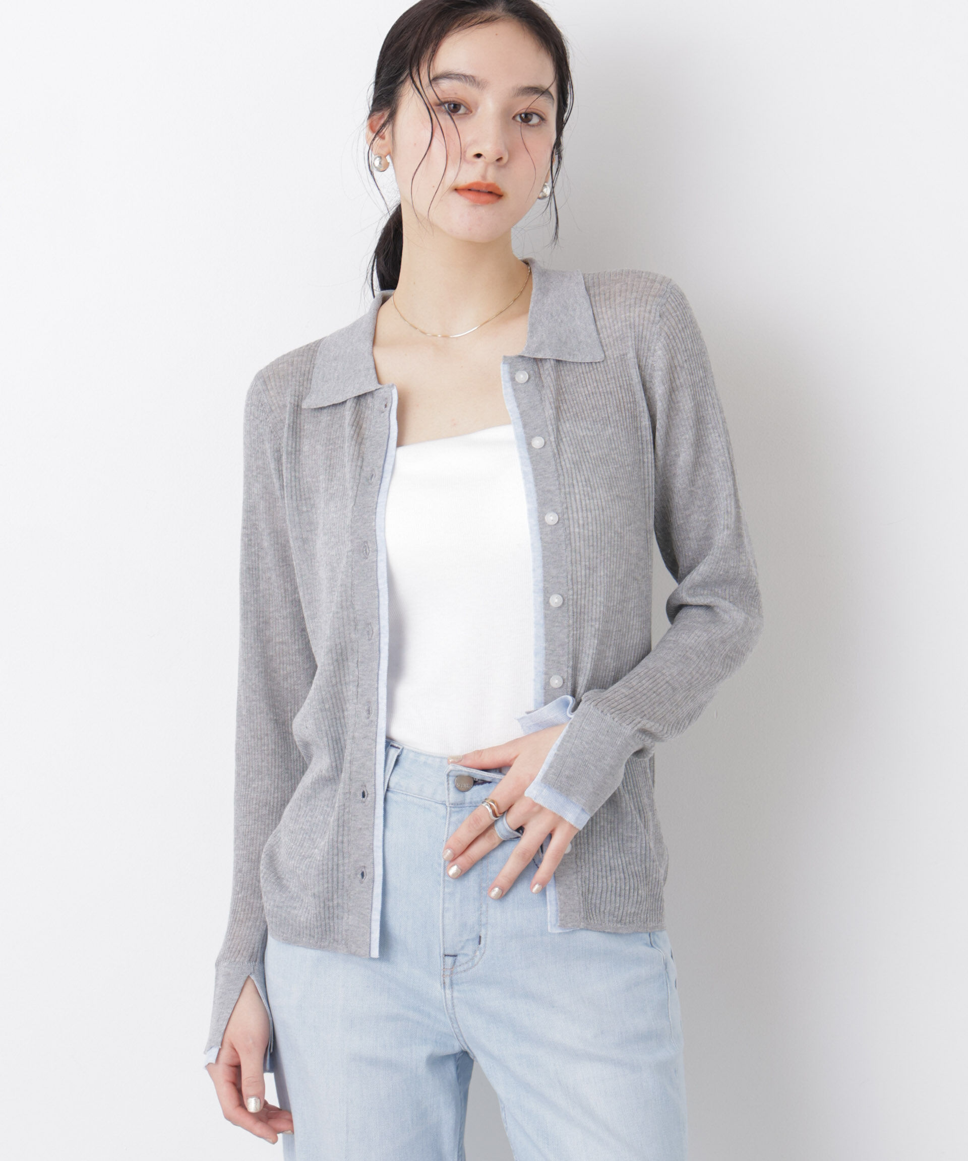 nano･universe「バイカラーシアーリブ衿付きカーディガン」|ニット・セーター|