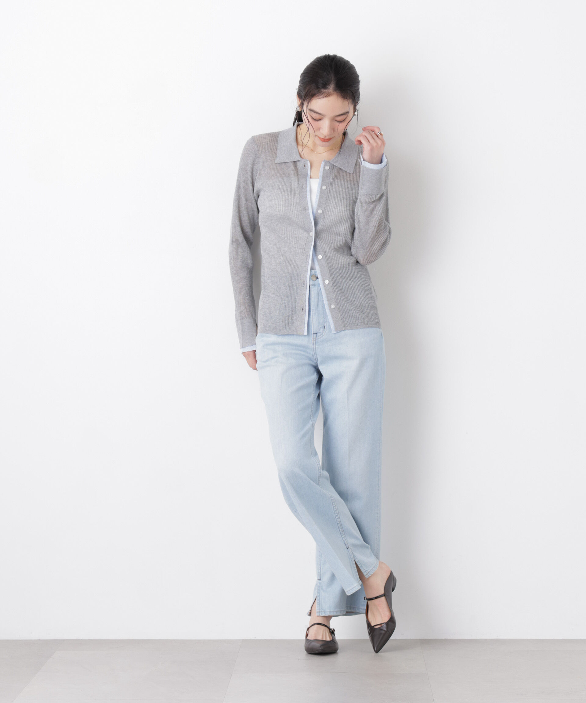 nano･universe「バイカラーシアーリブ衿付きカーディガン」|ニット・セーター|