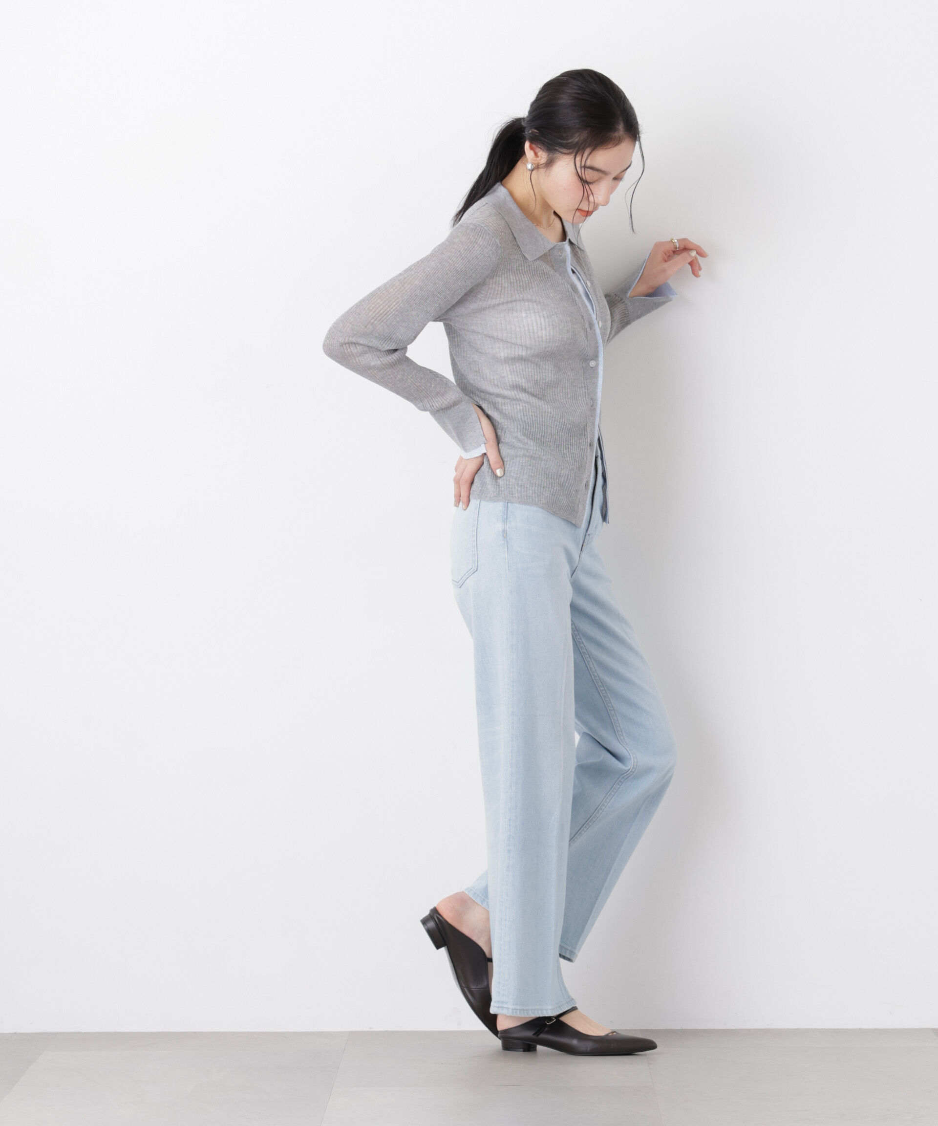 nano･universe「バイカラーシアーリブ衿付きカーディガン」|ニット・セーター|