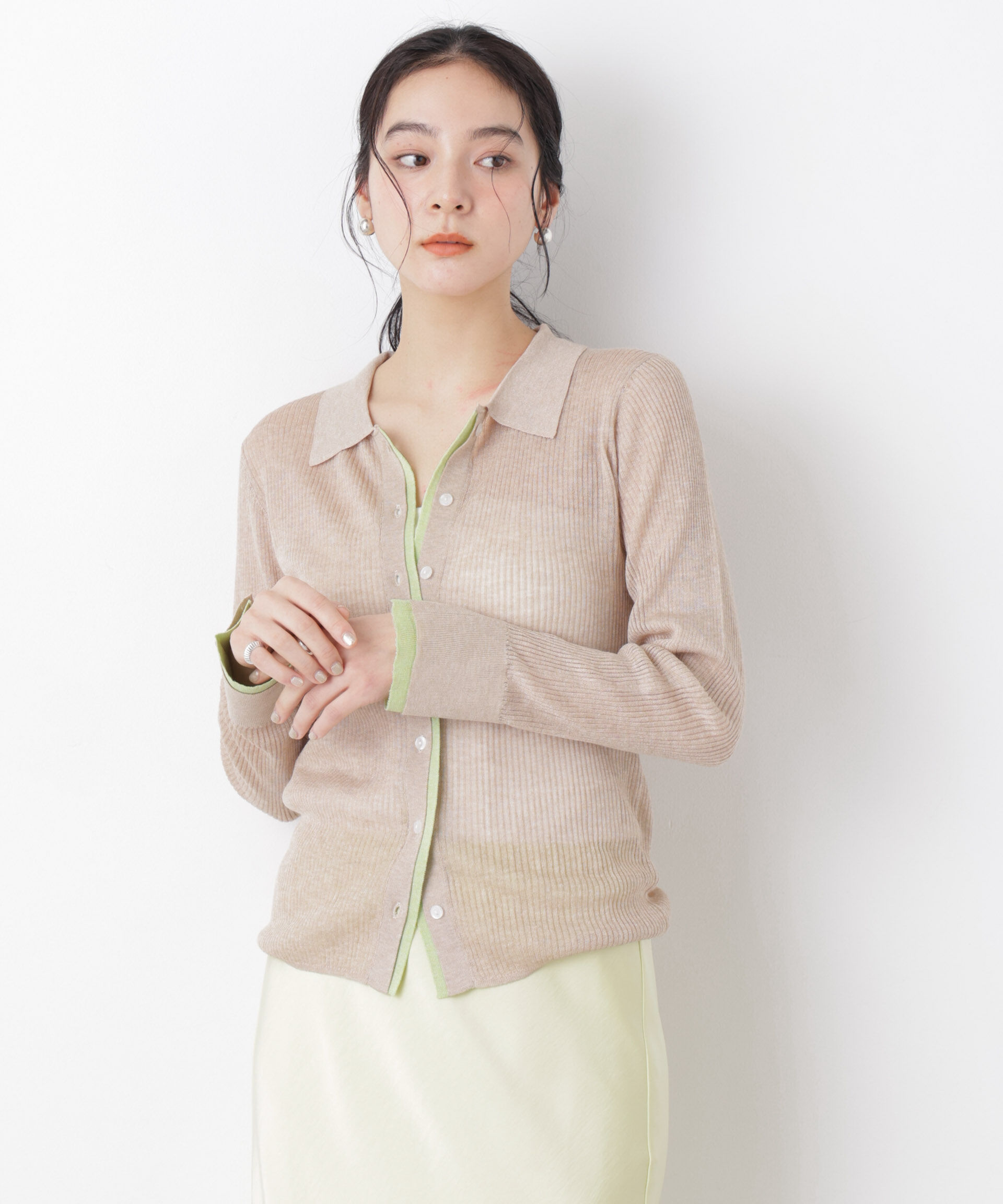 nano･universe「バイカラーシアーリブ衿付きカーディガン」|ニット・セーター|