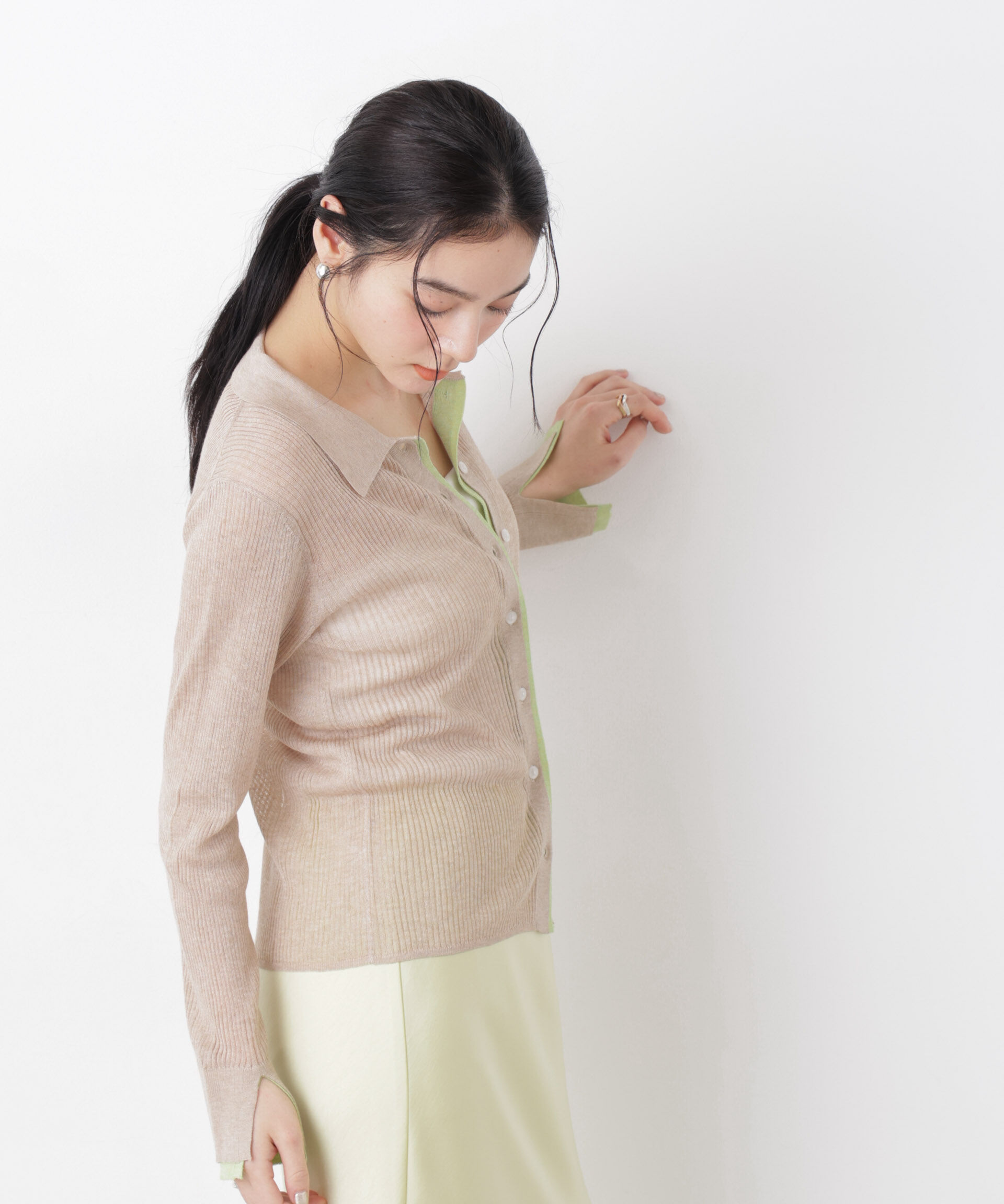 nano･universe「バイカラーシアーリブ衿付きカーディガン」|ニット・セーター|