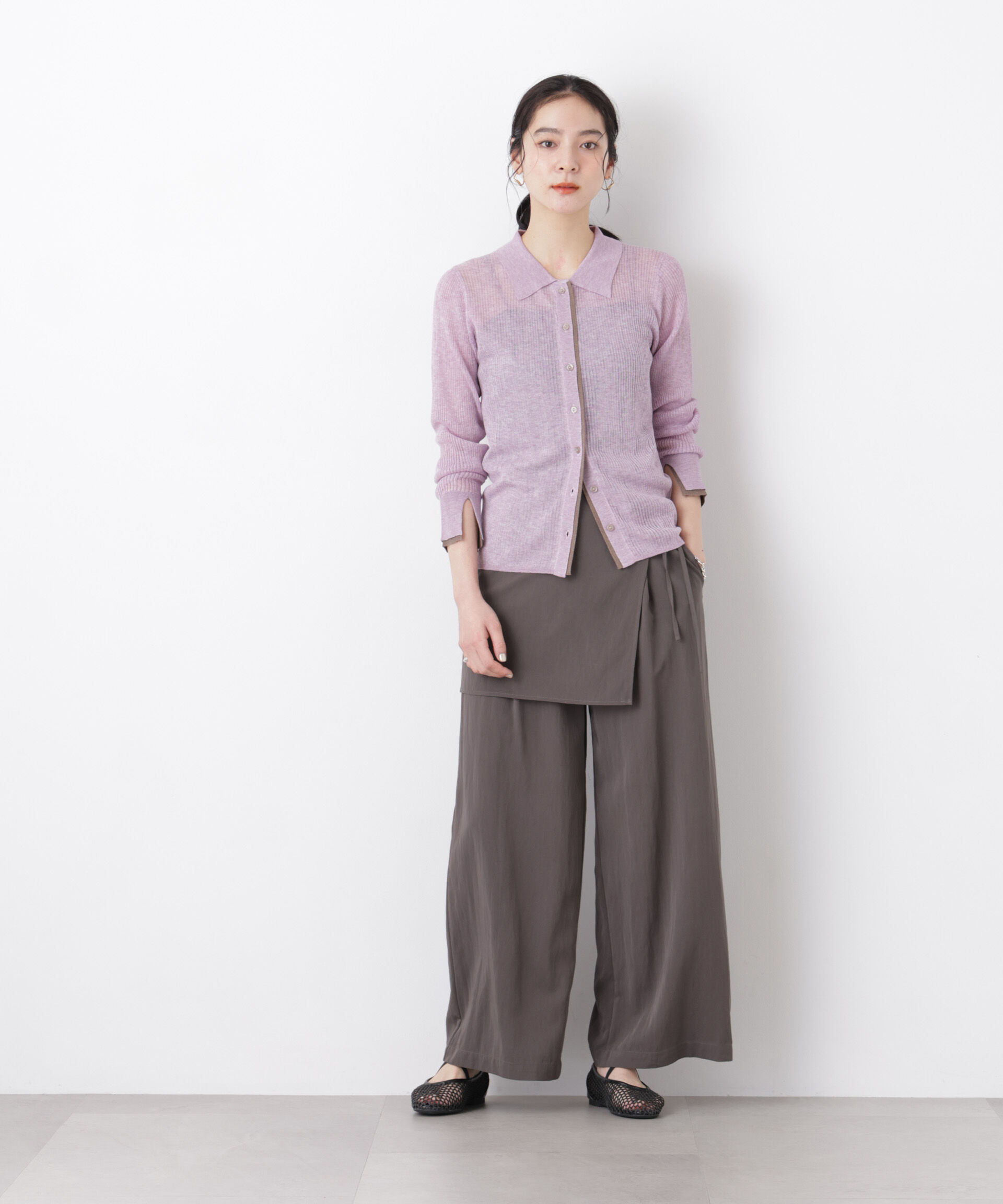 nano･universe「バイカラーシアーリブ衿付きカーディガン」|ニット・セーター|