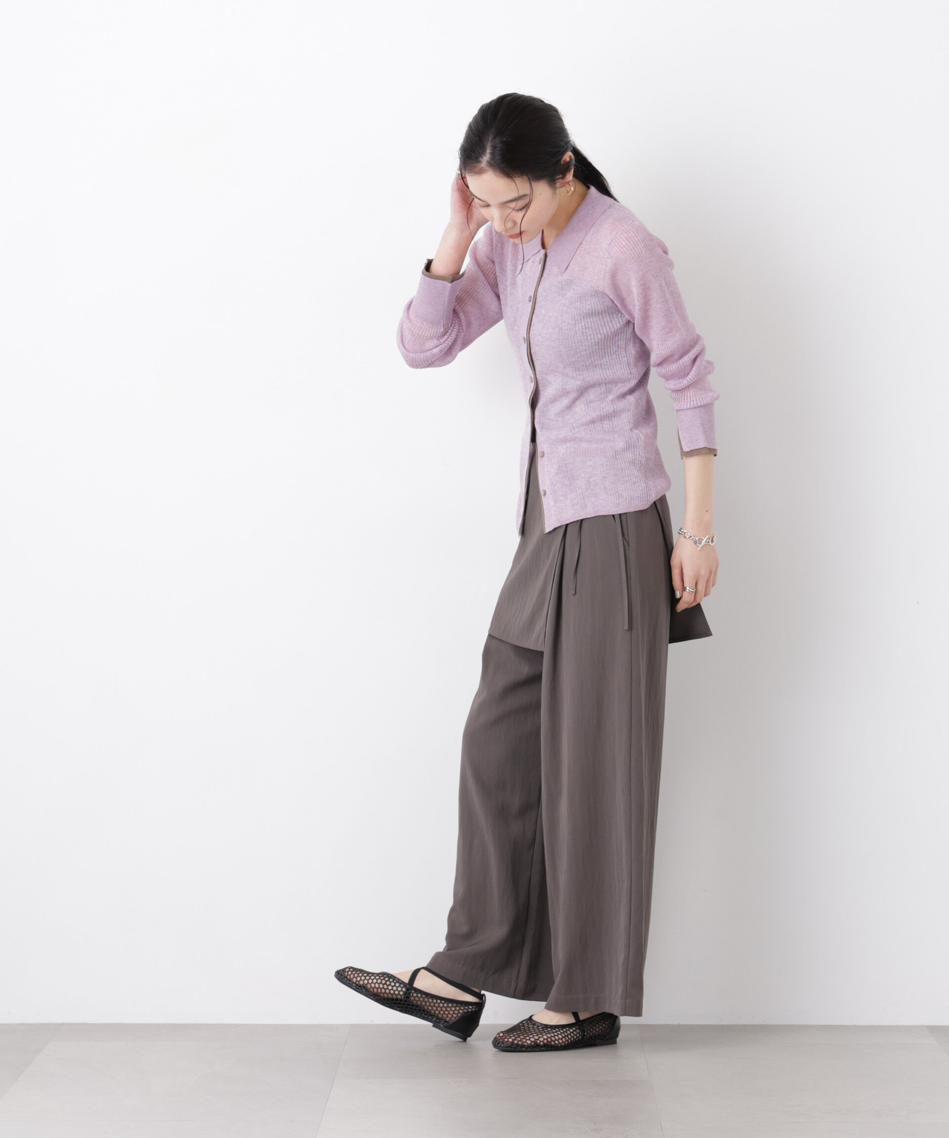 nano･universe「バイカラーシアーリブ衿付きカーディガン」|ニット・セーター|