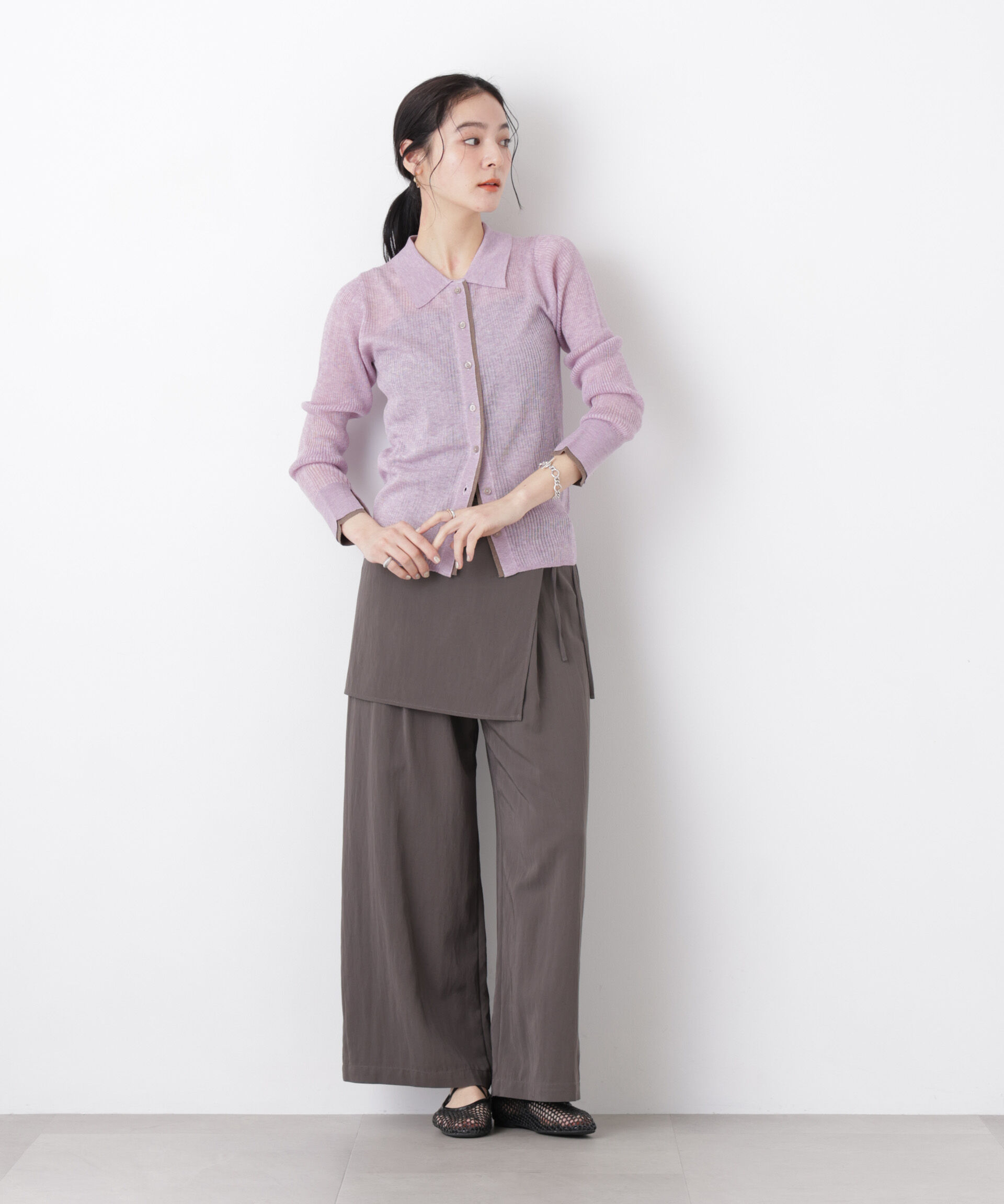 nano･universe「バイカラーシアーリブ衿付きカーディガン」|ニット・セーター|