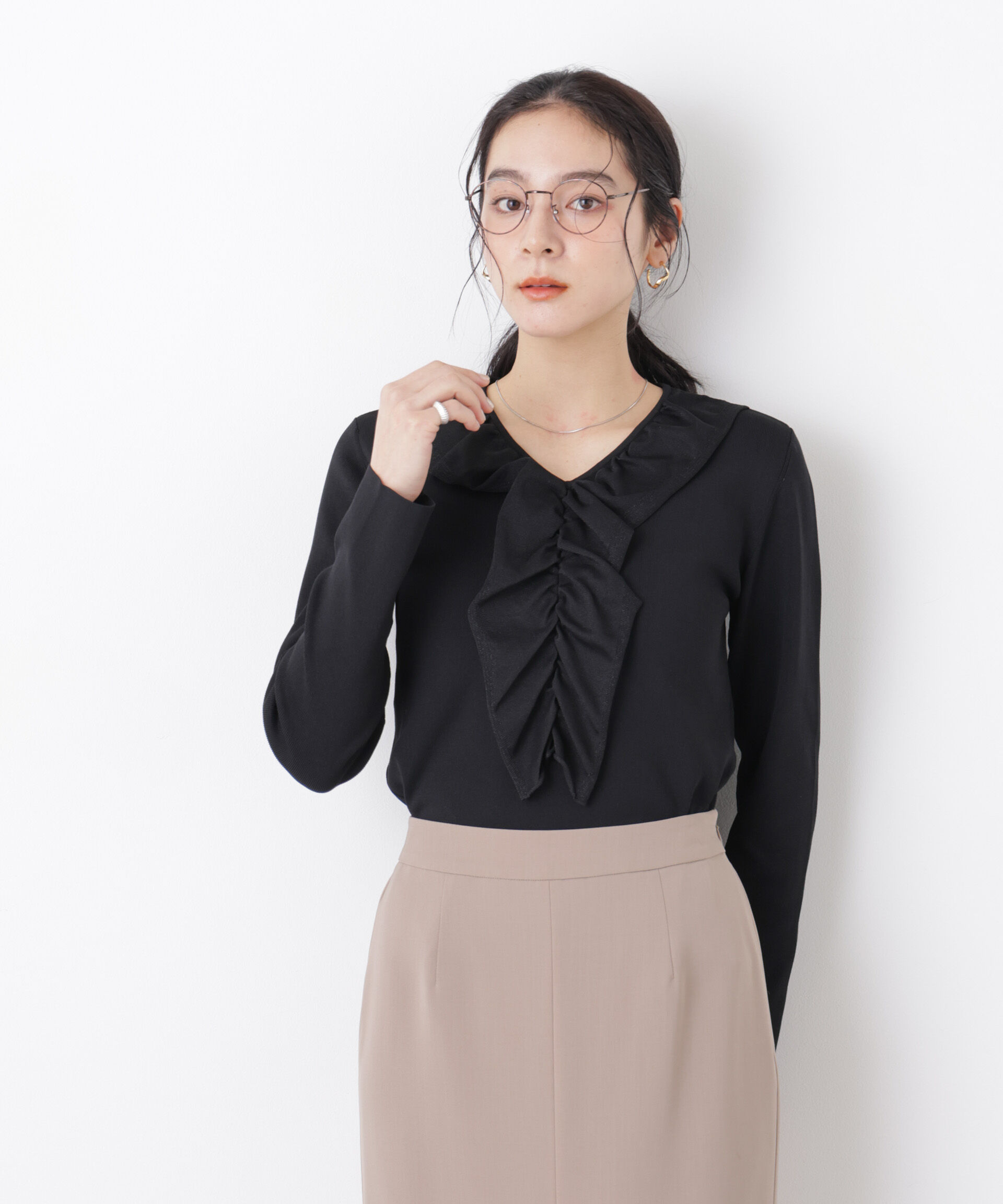 nano･universe「7function フロントフリル総針ニット」|ニット・セーター|ブラック