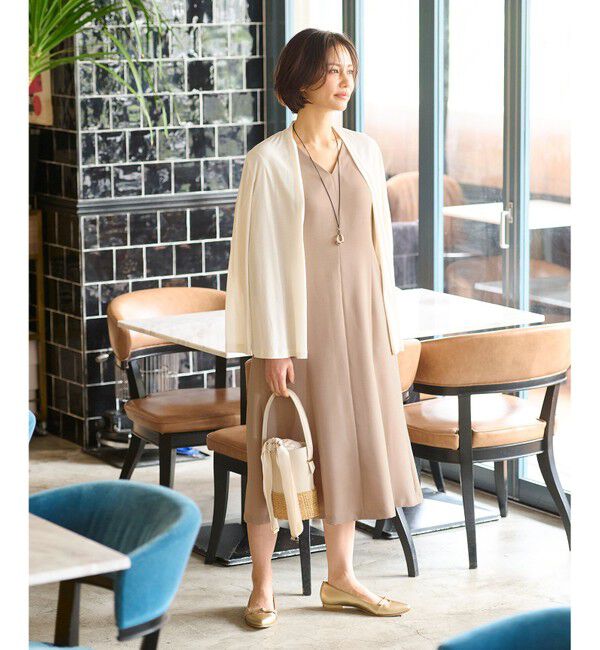 自由区「【接触冷感・速乾・UVケア・撥水・防シワ・XSサイズあり】リネンライクツィルVネック ワンピース」|ワンピース|