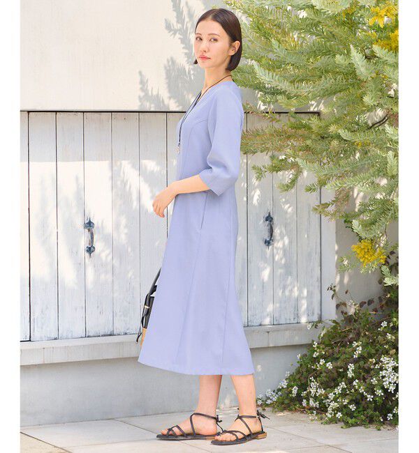 自由区「【接触冷感・速乾・UVケア・撥水・防シワ・XSサイズあり】リネンライクツィルVネック ワンピース」|ワンピース|