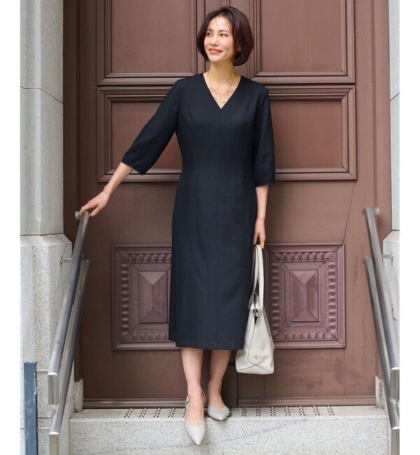 自由区「【接触冷感・速乾・UVケア・撥水・防シワ・XSサイズあり】リネンライクツィルVネック ワンピース」|ワンピース|