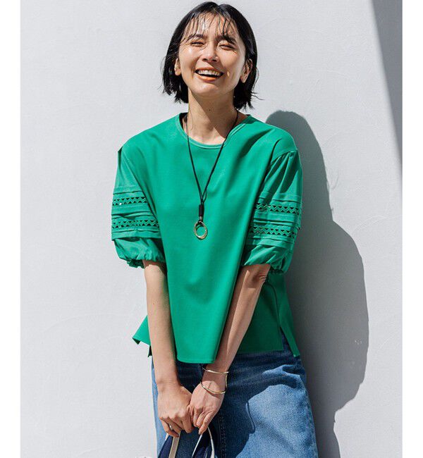 23区「【洗える】アイレットジャージー パフスリーブ カットソー」|Tシャツ・カットソー|グリーン系