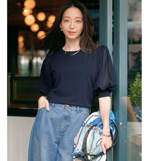 23区「【洗える】シアーチェッククロスコンビ ニット」|ニット・セーター|ネイビー系