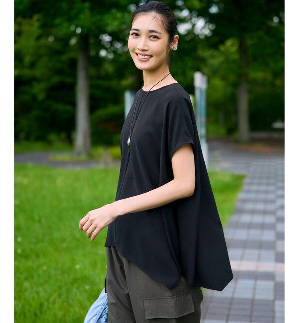 23区「【UVカット/接触冷感/吸水速乾】ストレッチジョーゼット イレギュラーヘムプルオーバー」|Tシャツ・カットソー|ブラック系