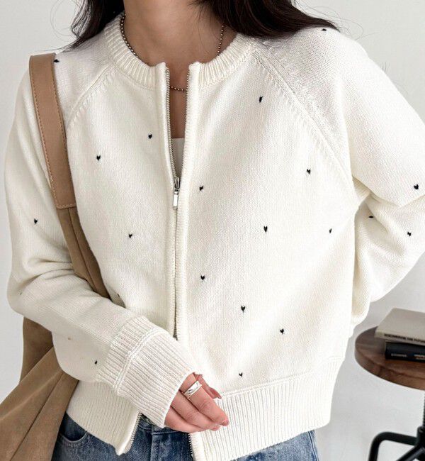 fredy emue「ハンド刺しゅうハートZIPカーディガン」|カーディガン|オフホワイト