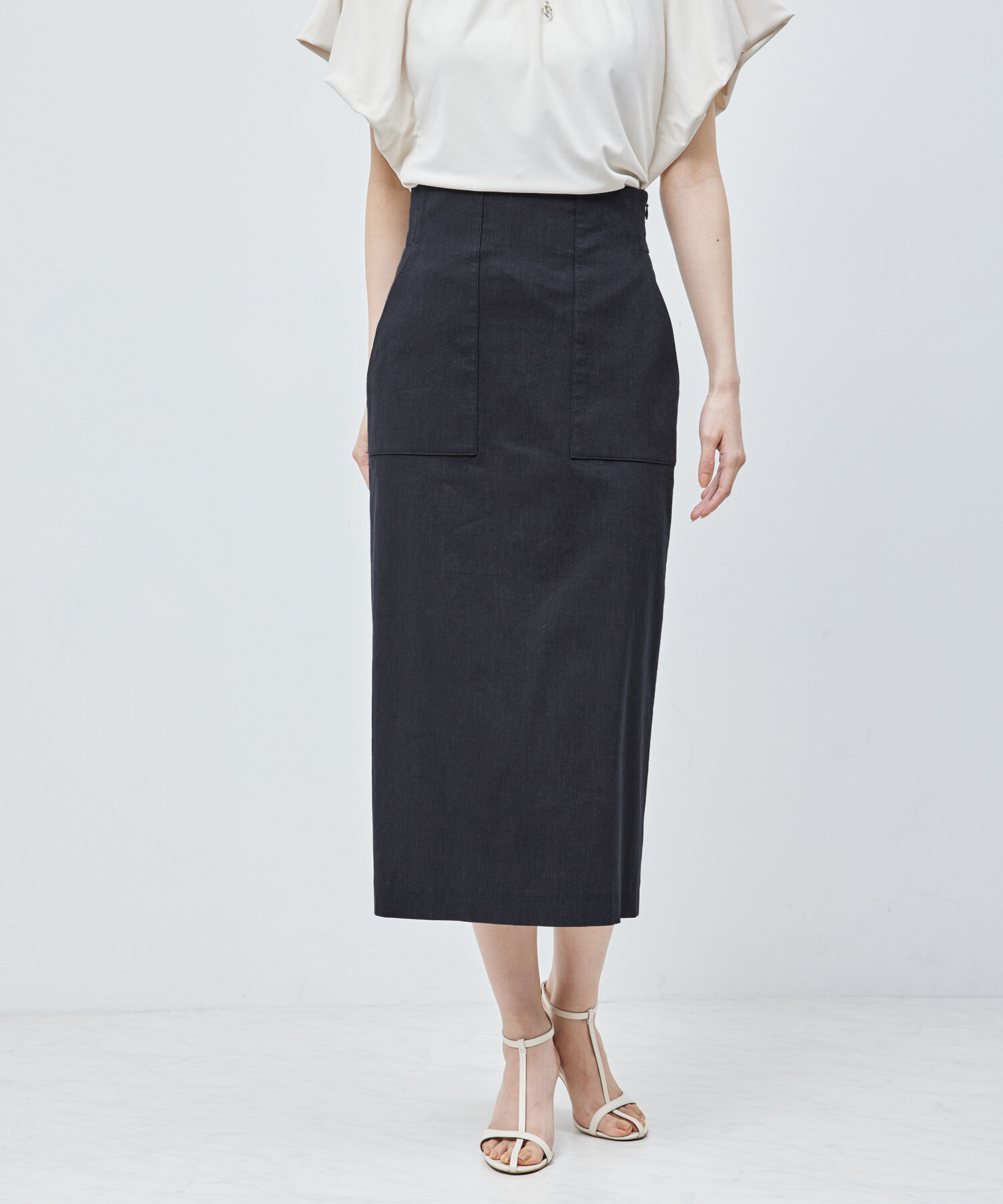 ROPE「リネンストレッチポケット付きタイトスカート/24SS【一部WEB限定】【雑誌掲載】【メディア掲載】」|スカート|ネイビー(40)