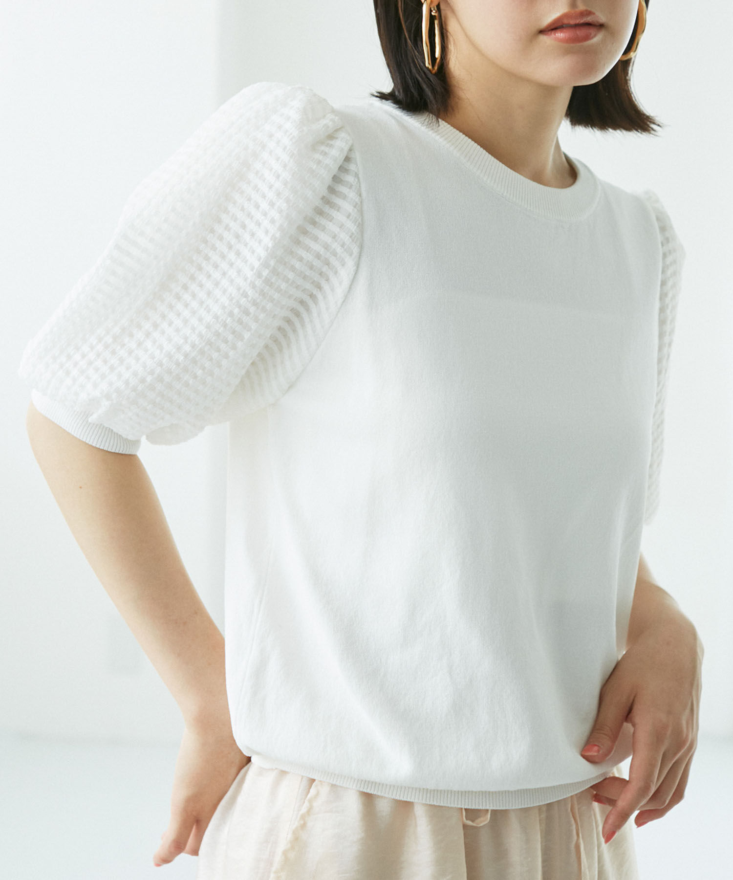 VIS「【夏トップス総選挙/お気に入り登録No.1】袖シアードッキングニット」|ニット・セーター|ホワイト(10)