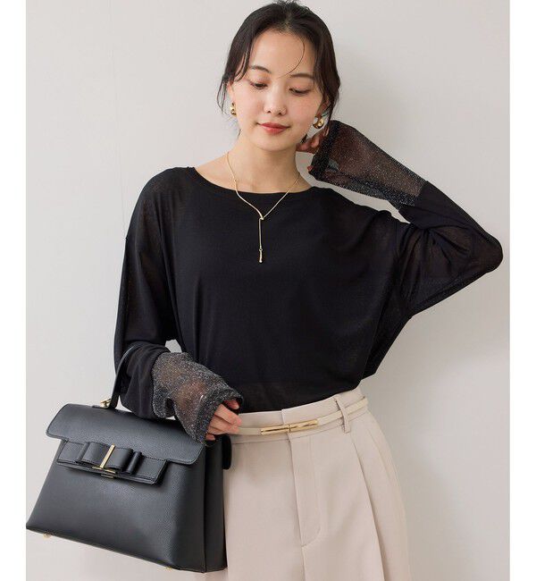 VIS「ラメメッシュスリーブ切り替えシアーロンT」|Tシャツ・カットソー|ブラック(01)