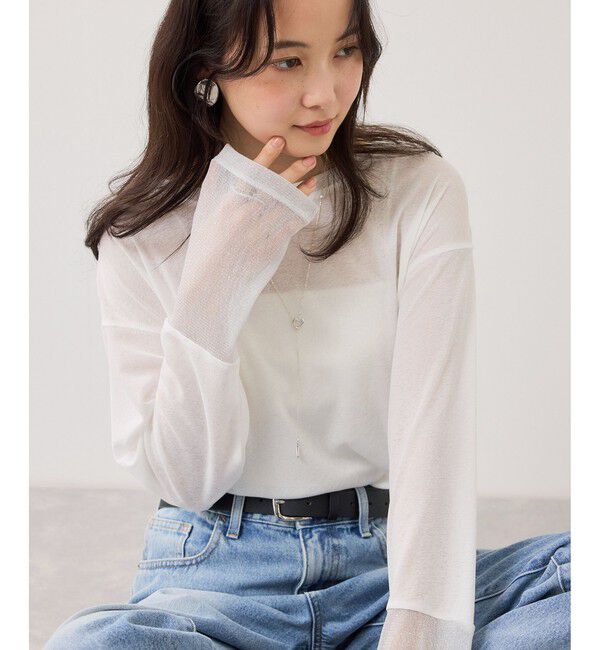 VIS「ラメメッシュスリーブ切り替えシアーロンT」|Tシャツ・カットソー|ホワイト(10)