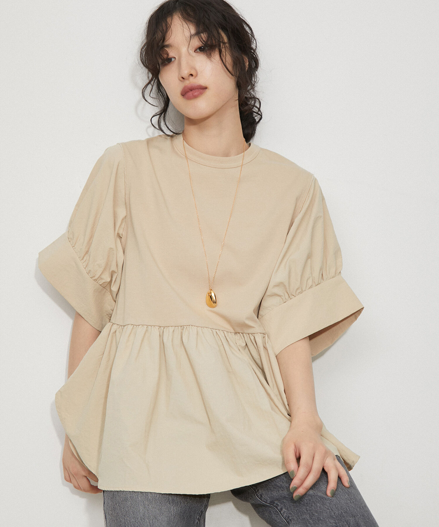 ADAM ET ROPE'「【再入荷・サステナブル・洗える・UVカット】バウンスカフスプルオーバー」|Tシャツ・カットソー|ベージュ(27)